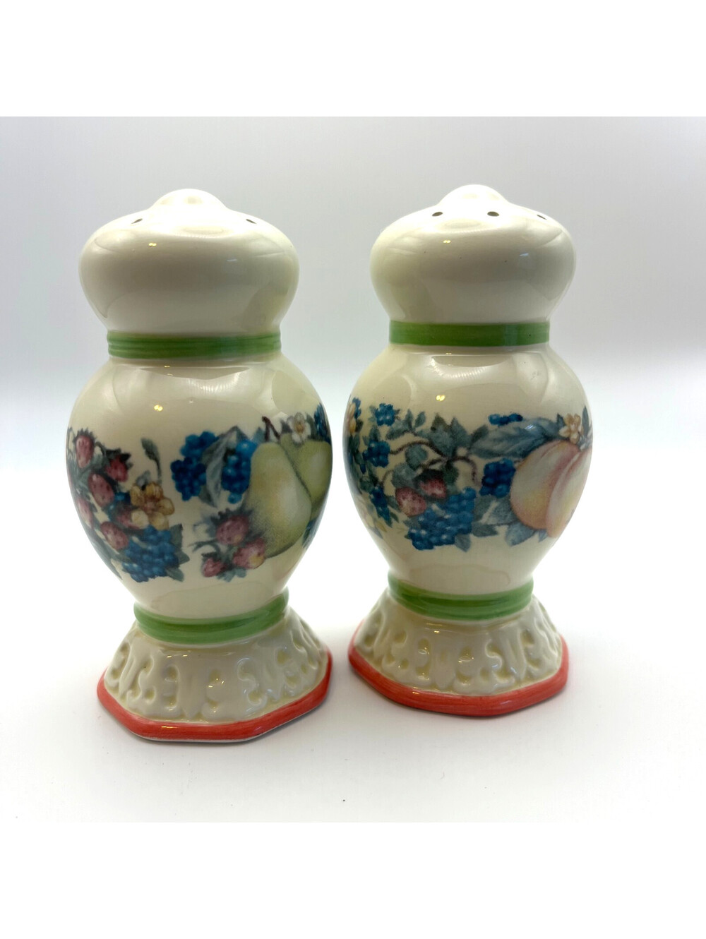 Vintage Ceramic Fruit Salt Pepper Shakers Pear Peach Floral Kitchen Decor